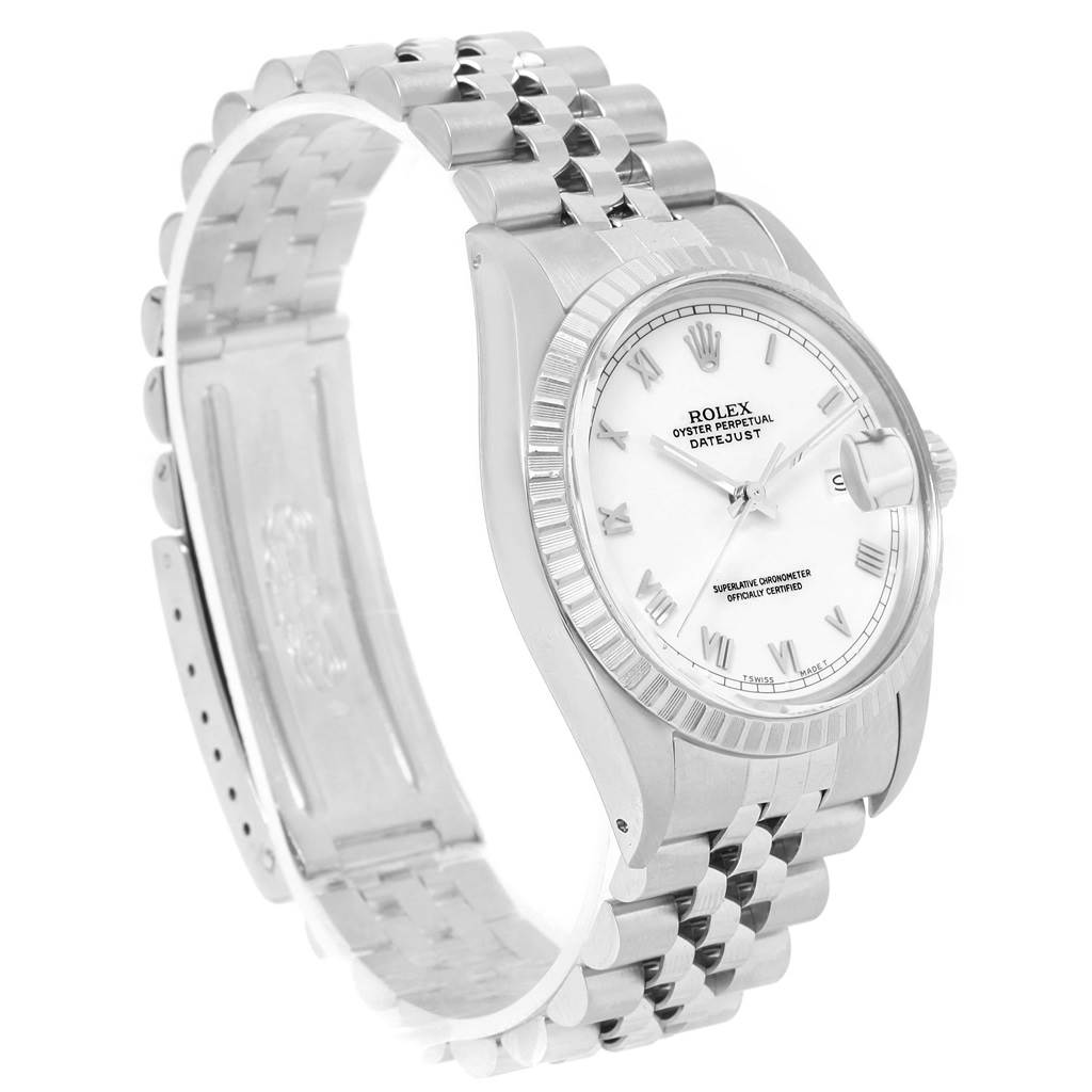 This image shows a Rolex Vintage Collection 16030 Men's Stainless Steel Silver Dial 16030 Men's Stainless Steel Silver Dial Datejust watch at an angled side view, displaying the face, bezel, and partial bracelet.