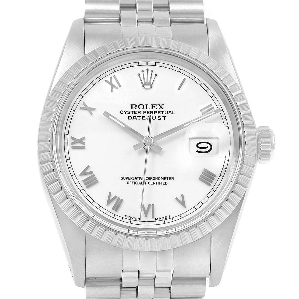 The image shows a front view of the Rolex Vintage Collection 16030 Men's Stainless Steel Silver Dial 16030 Men's Stainless Steel Silver Dial Datejust watch, displaying its dial, bezel, and part of the bracelet.