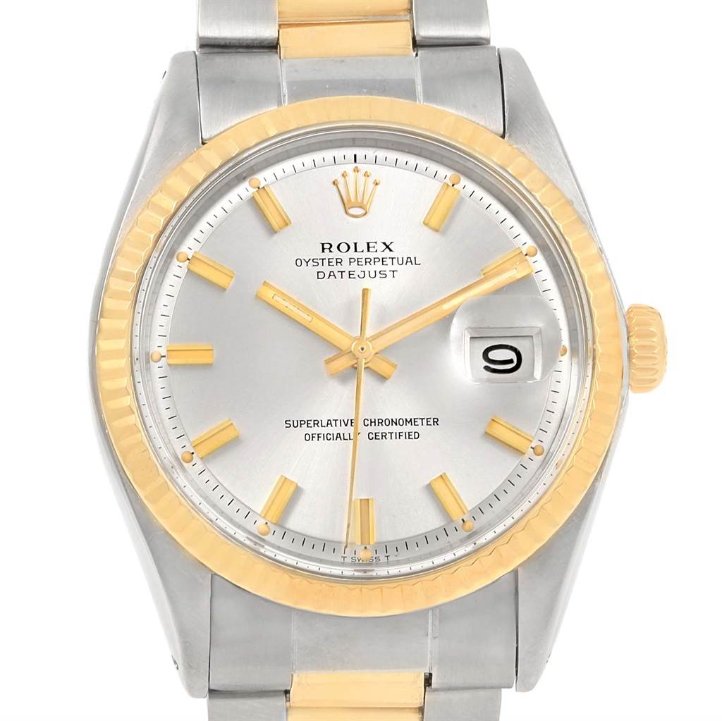 The image shows the front view of a Rolex Vintage Collection 1601 Men's Stainless Steel Silver Dial 1601 Men's Stainless Steel Silver Dial model, highlighting its face, bezel, crown, and part of the bracelet.