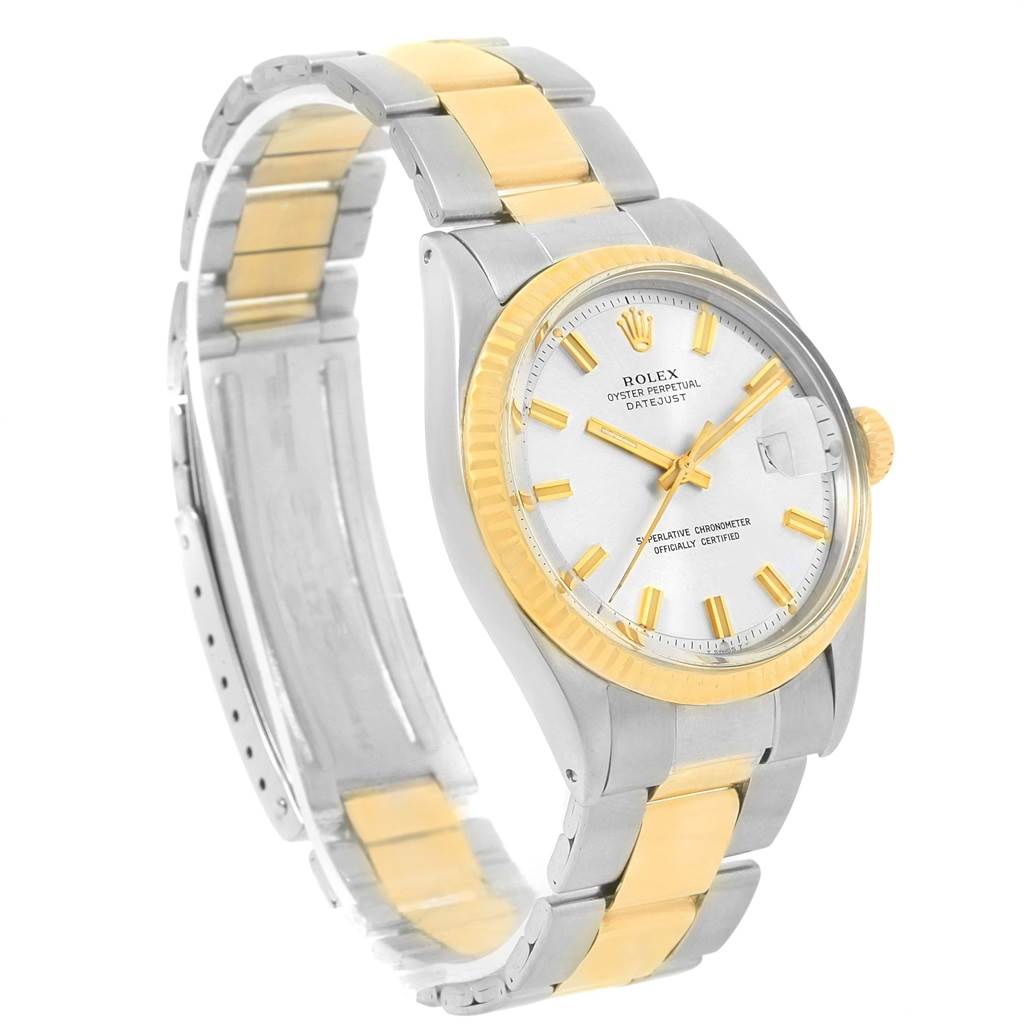 The image shows a Rolex Vintage Collection 1601 Men's Stainless Steel Silver Dial 1601 Men's Stainless Steel Silver Dial watch at a three-quarter angle, featuring a two-tone bracelet and an elegant silver dial.