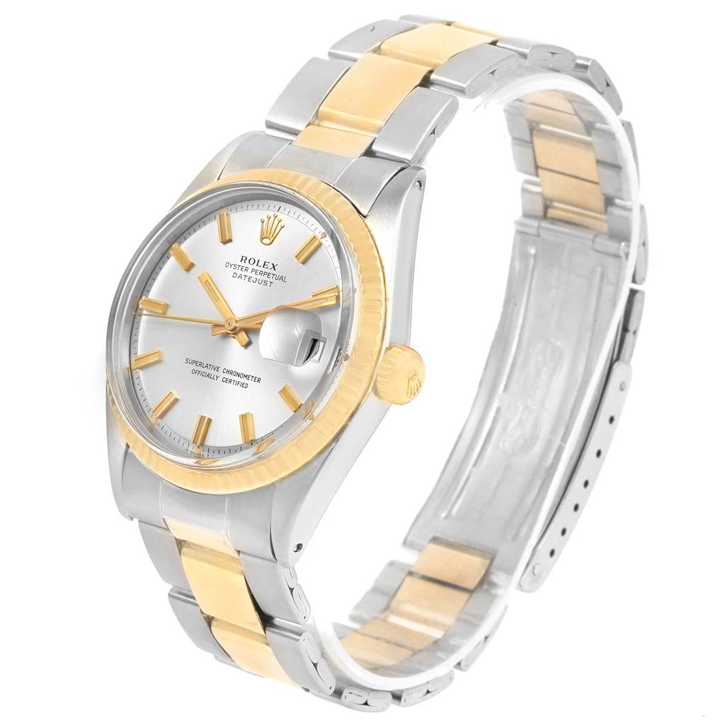 The image shows a Rolex Vintage Collection 1601 Men's Stainless Steel Silver Dial 1601 Men's Stainless Steel Silver Dial model from a front-side angle, highlighting the dial and two-tone bracelet.