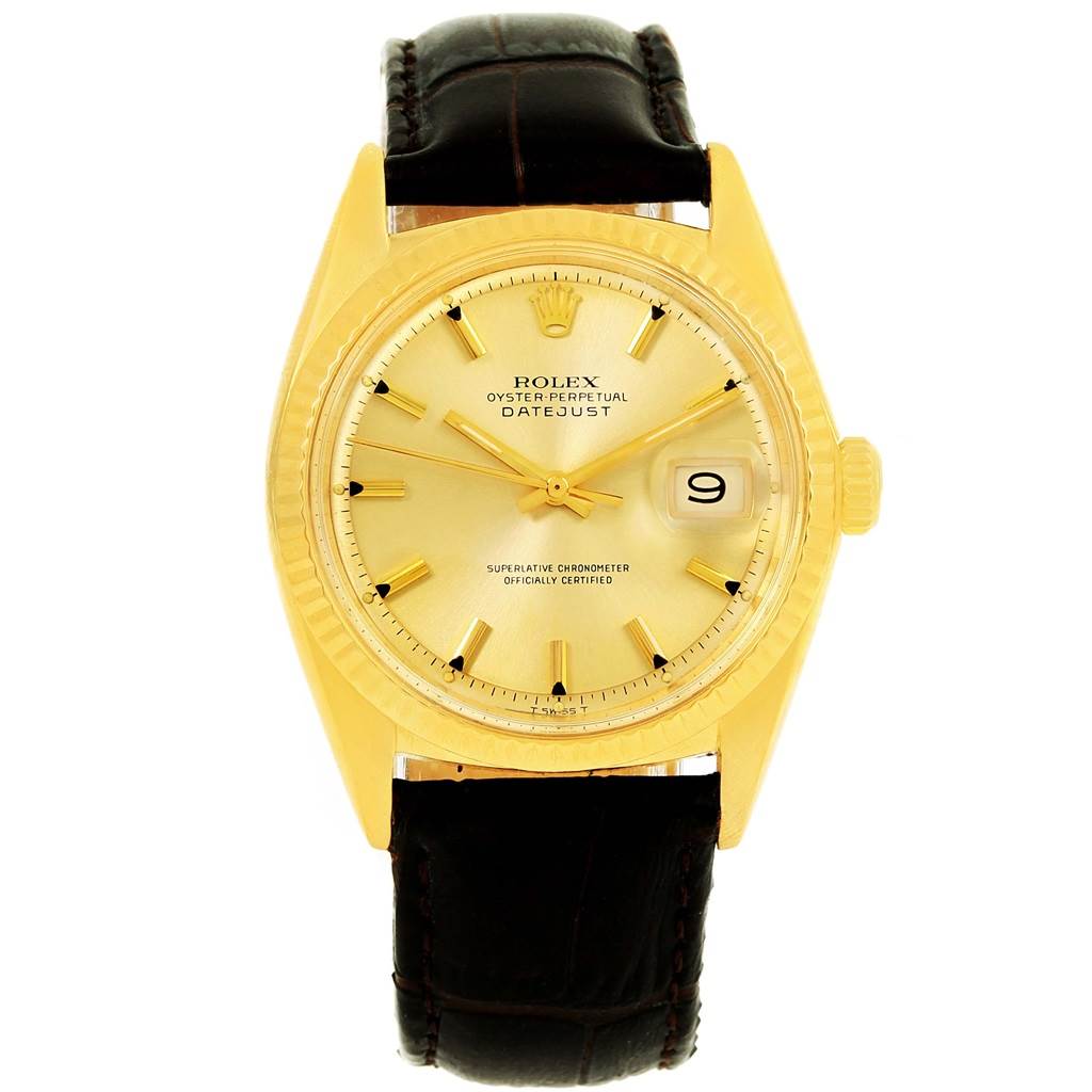 The image shows a front view of the Rolex Vintage Collection 1601 Men's Yellow Gold Champagne Dial 1601 Men's Yellow Gold Champagne Dial Oyster Perpetual Datejust watch, featuring its dial, bezel, and strap.