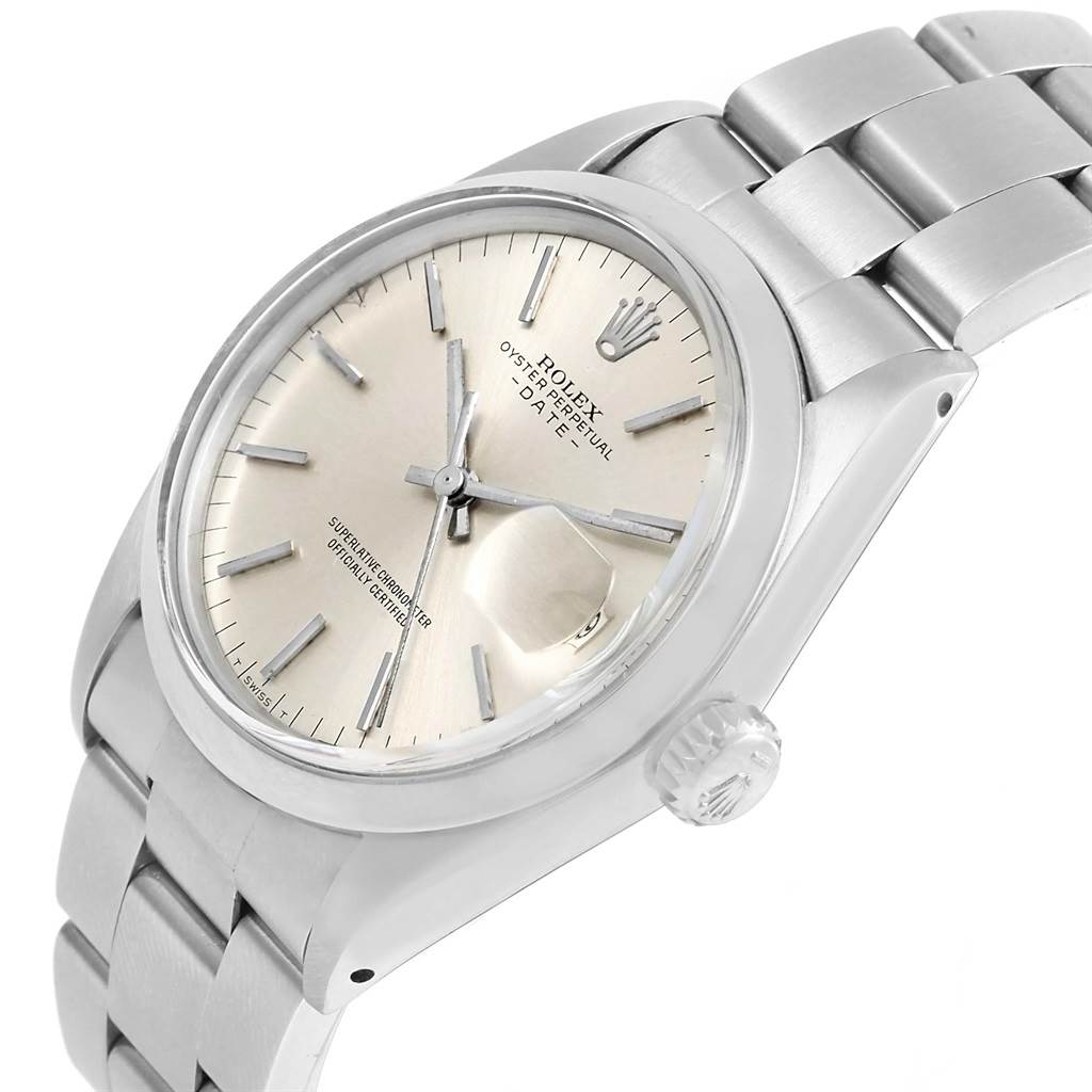 This image shows a Rolex Vintage Collection 1500 Men's Stainless Steel Silver Dial 1500 Men's Stainless Steel Silver Dial watch at a slight angle, highlighting the face, crown, and part of the bracelet.