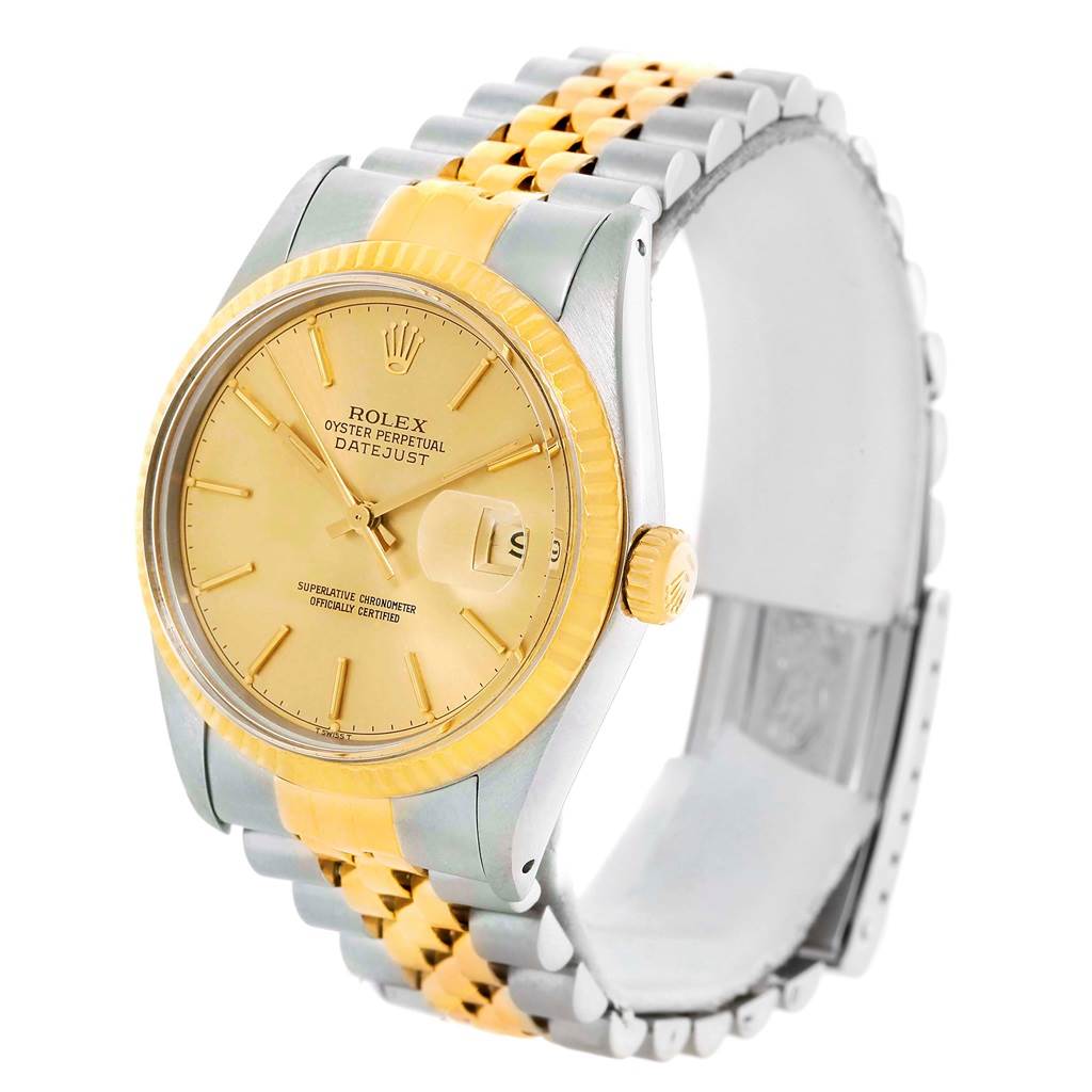 The Rolex Vintage Collection 16013 Men's Stainless Steel Champagne Dial 16013 Men's Stainless Steel Champagne Dial model is shown from an angled view, displaying its gold and silver dial, bezel, and bracelet.