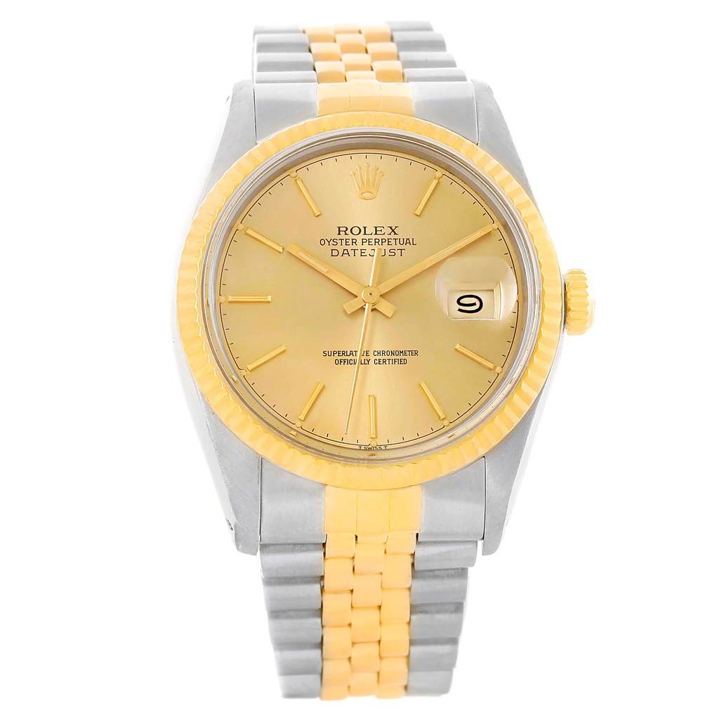 The image shows a Rolex Vintage Collection 16013 Men's Stainless Steel Champagne Dial 16013 Men's Stainless Steel Champagne Dial Oyster Perpetual Datejust watch from a front view, displaying the dial, bezel, and bracelet.