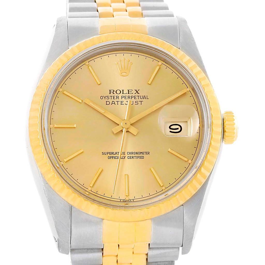 The image shows a frontal view of a Rolex Vintage Collection 16013 Men's Stainless Steel Champagne Dial 16013 Men's Stainless Steel Champagne Dial Oyster Perpetual Datejust watch, highlighting the face, bezel, and bracelet.