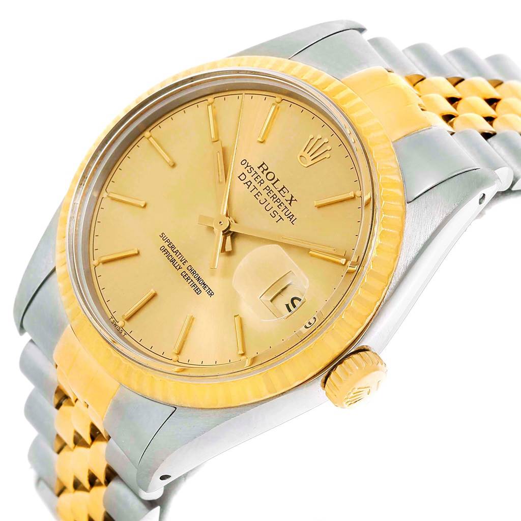 The image shows a side-angle view of the Rolex Vintage Collection 16013 Men's Stainless Steel Champagne Dial 16013 Men's Stainless Steel Champagne Dial Datejust watch, highlighting the dial, bezel, and bracelet.