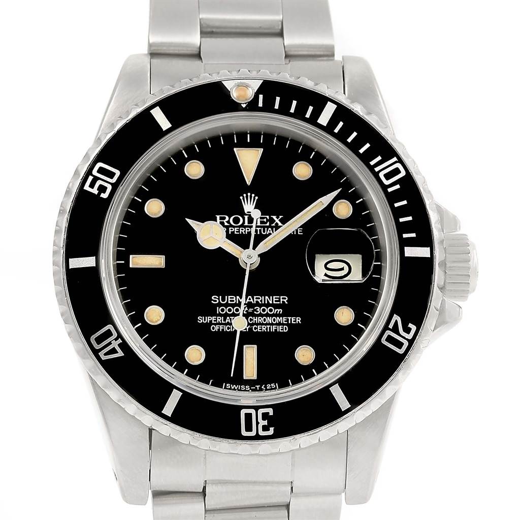 The image shows a front view of the Rolex Vintage Collection 16800 Men's Stainless Steel Black Dial 16800 Men's Stainless Steel Black Dial Submariner watch, displaying its black dial, bezel, and stainless steel bracelet.
