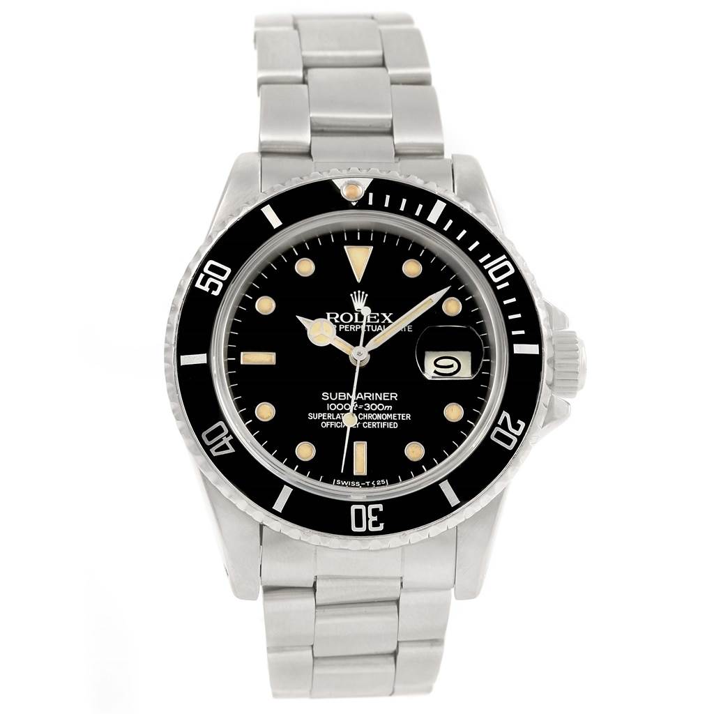 This is a front view of a Rolex Vintage Collection 16800 Men's Stainless Steel Black Dial 16800 Men's Stainless Steel Black Dial Submariner watch showcasing its face, bezel, and metal strap.
