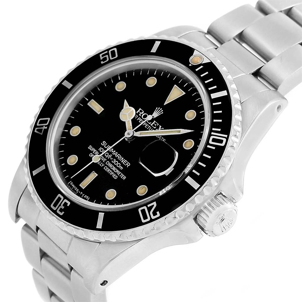 The Rolex Vintage Collection 16800 Men's Stainless Steel Black Dial 16800 Men's Stainless Steel Black Dial Submariner watch is shown from an angled side view, highlighting the face, bezel, crown, and bracelet.