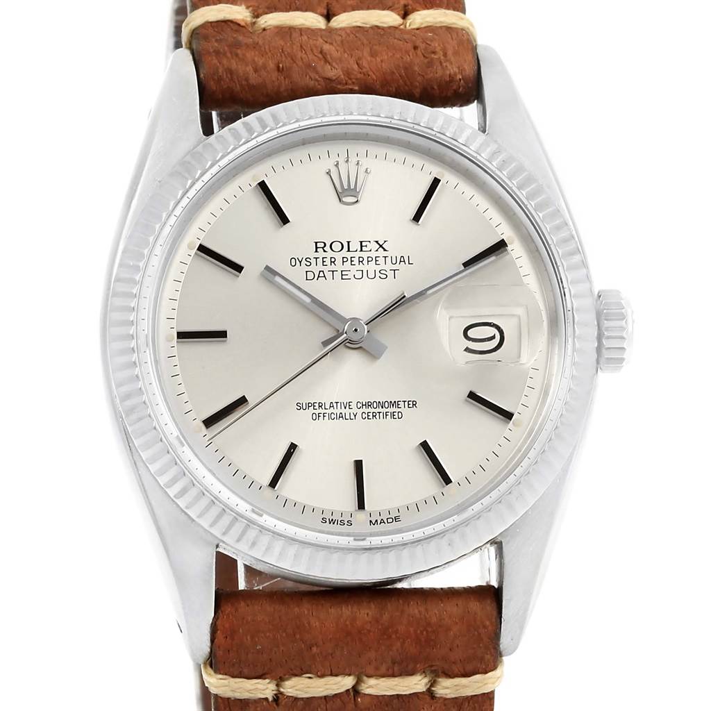 This image shows a front view of the Rolex Vintage Collection 16014 Men's Stainless Steel Silver Dial 16014 Men's Stainless Steel Silver Dial Datejust, featuring its dial, crown, and strap.