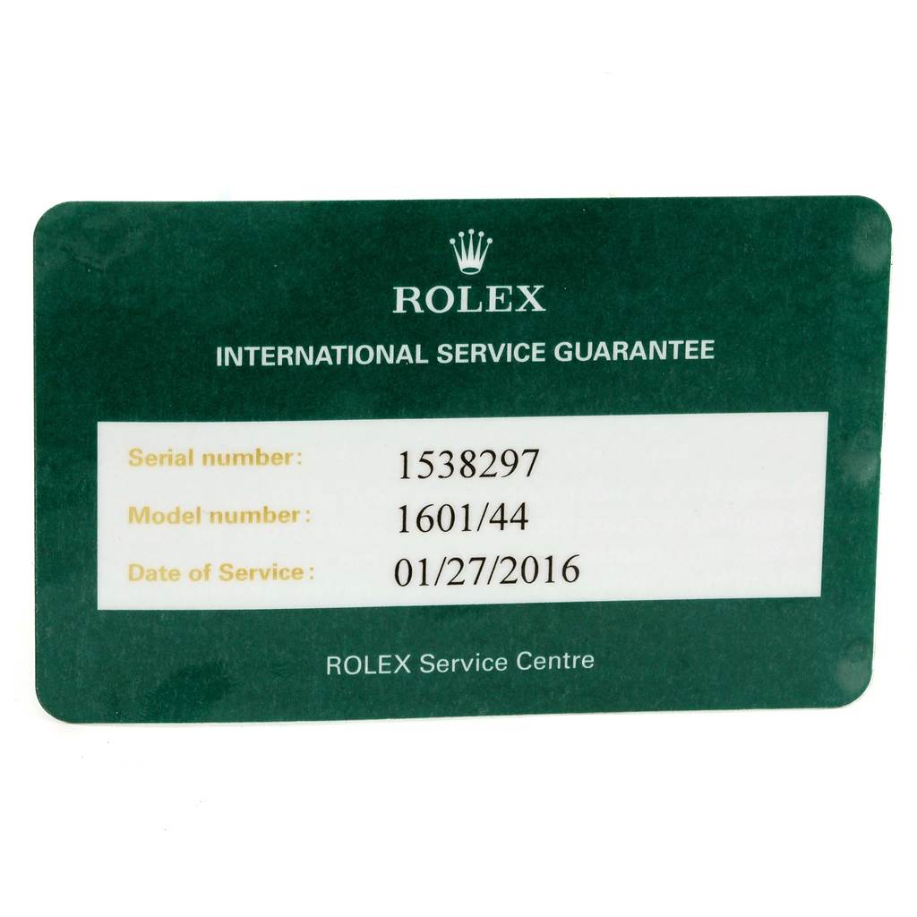 This image shows a Rolex International Service Guarantee card for the Vintage Collection model 1601/44.