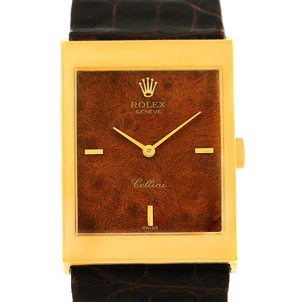 The image shows a front view of the Rolex Vintage Collection 5071 Men's Yellow Gold Brown Dial 5071 Men's Yellow Gold Brown Dial model watch, displaying its rectangular face, crown, and part of the strap.