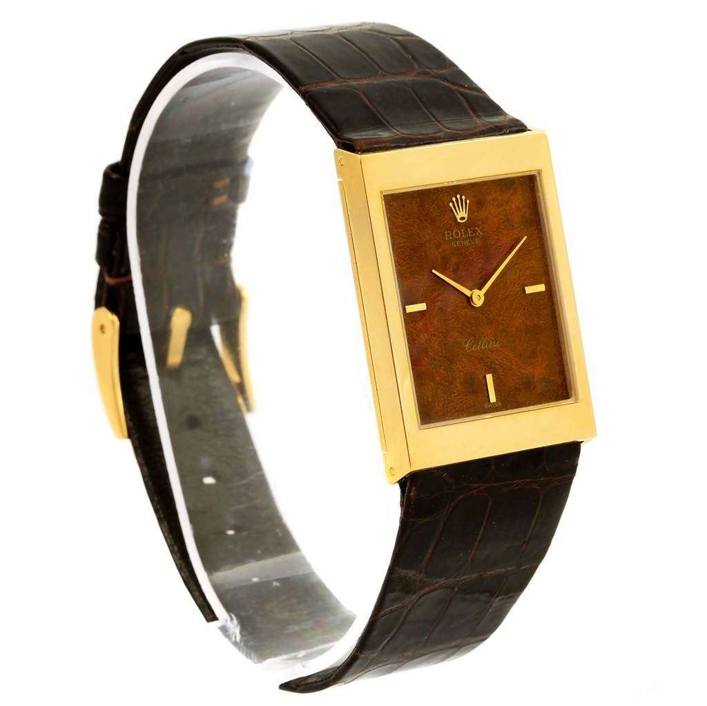 The image shows a Rolex Vintage Collection 5071 Men's Yellow Gold Brown Dial 5071 Men's Yellow Gold Brown Dial watch with a rectangular face, gold case, and brown leather strap, viewed from a side angle.