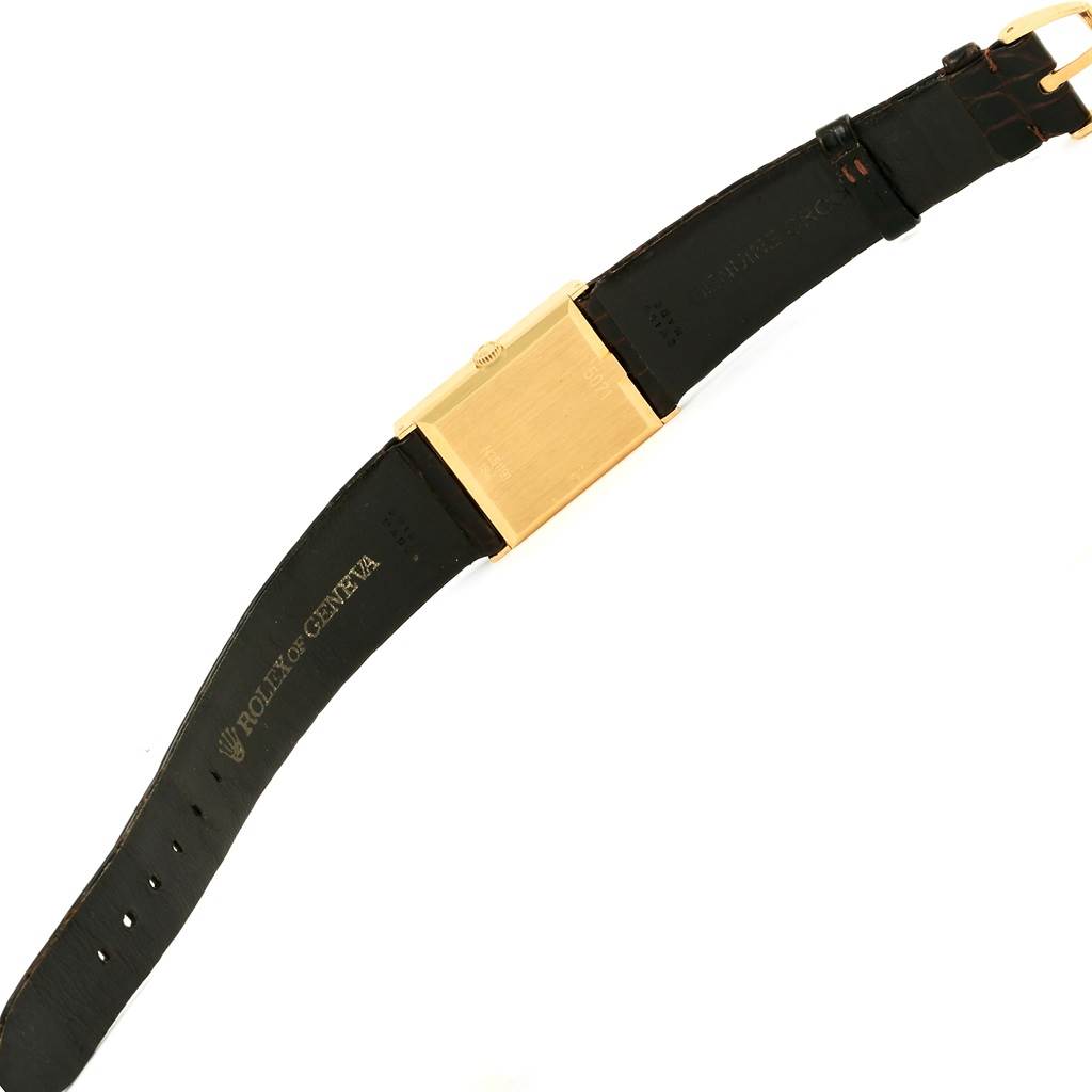 This image shows the back and strap of the Vintage Collection model by Rolex, displayed at an overhead angle.