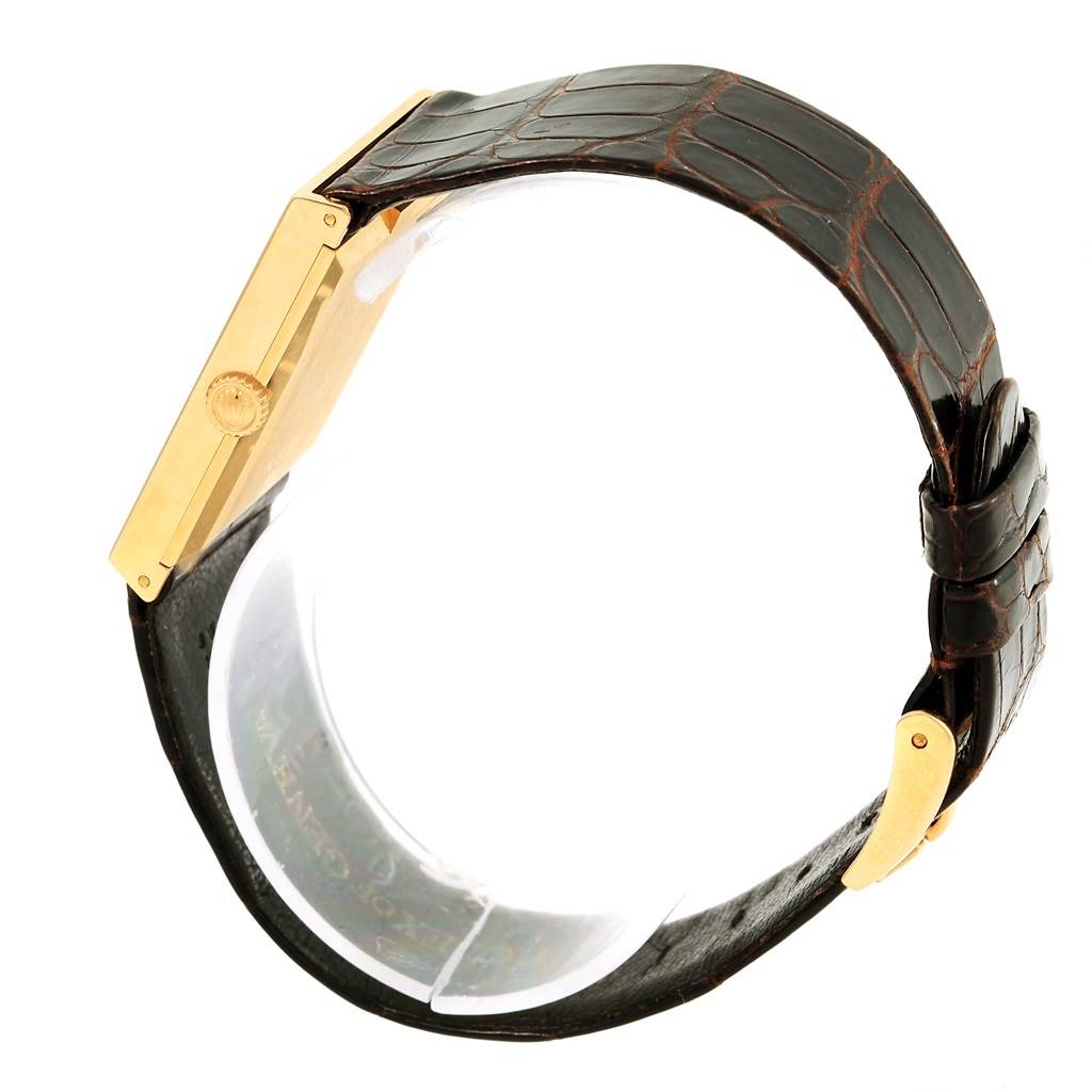 The image shows a side view of the Rolex Vintage Collection 5071 Men's Yellow Gold Brown Dial 5071 Men's Yellow Gold Brown Dial watch, featuring the crown, case, and leather strap.