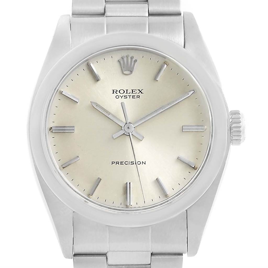 This image shows the front view of the Rolex Vintage Collection 6426 Men's Stainless Steel Silver Dial 6426 Men's Stainless Steel Silver Dial model watch, highlighting the dial, case, and part of the bracelet.