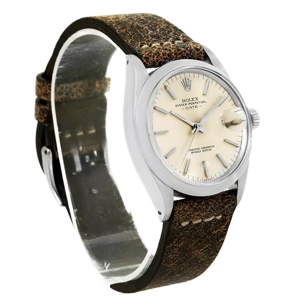 The Rolex Vintage Collection 1500 Men's Stainless Steel Silver Dial 1500 Men's Stainless Steel Silver Dial watch is shown at a three-quarter angle, highlighting the dial, leather strap, and case.