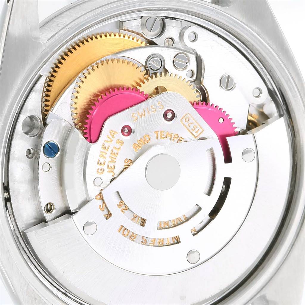 The image shows the internal mechanism and gears of a Rolex Vintage Collection 1500 Men's Stainless Steel Silver Dial 1500 Men's Stainless Steel Silver Dial watch from a close-up, top-down angle.