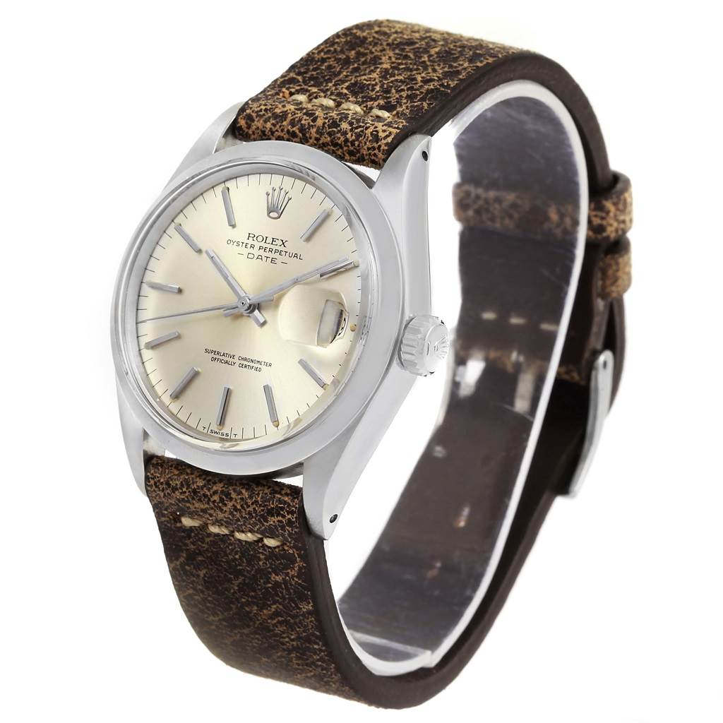 The Rolex Vintage Collection 1500 Men's Stainless Steel Silver Dial 1500 Men's Stainless Steel Silver Dial watch is shown at a front-right angle, highlighting the face, dial, case, crown, and leather strap.