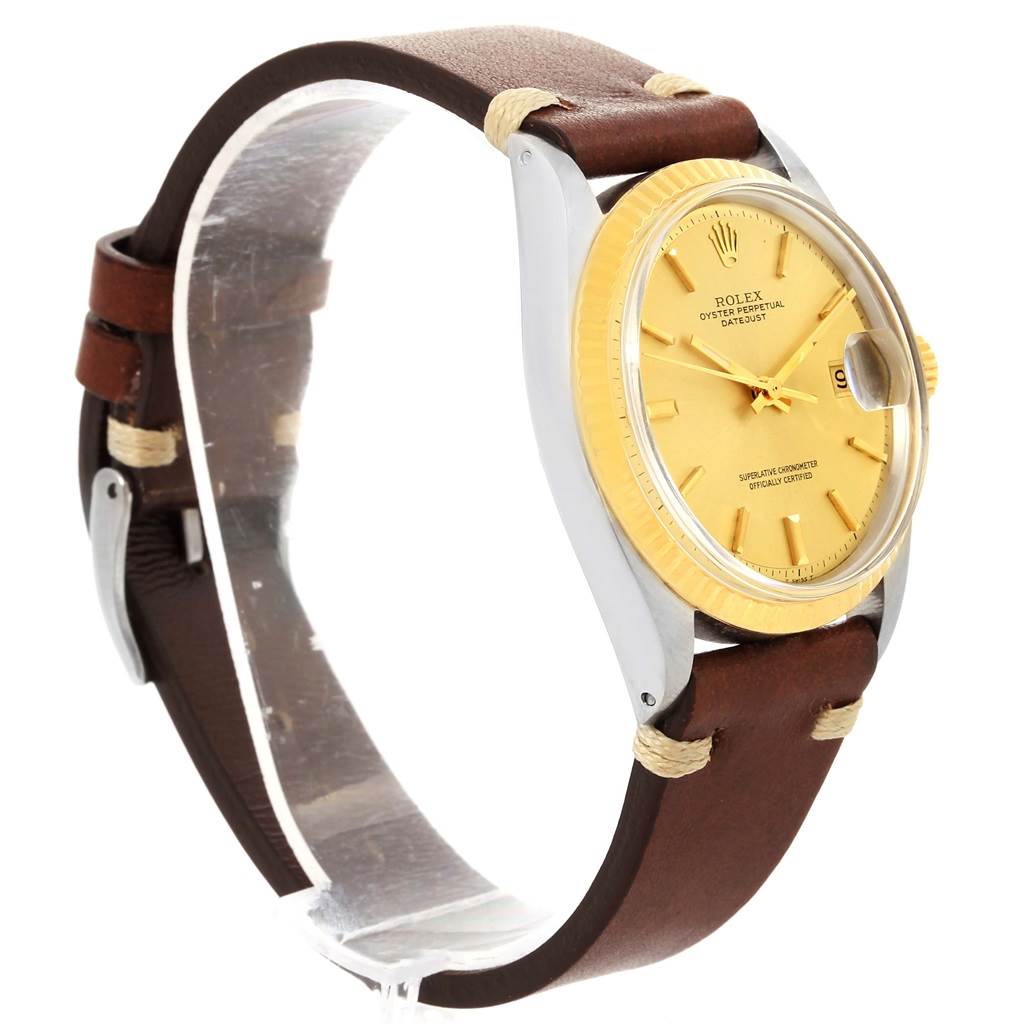 The Vintage Collection Rolex watch is shown at an angle highlighting its side, dial, case, and brown leather strap.