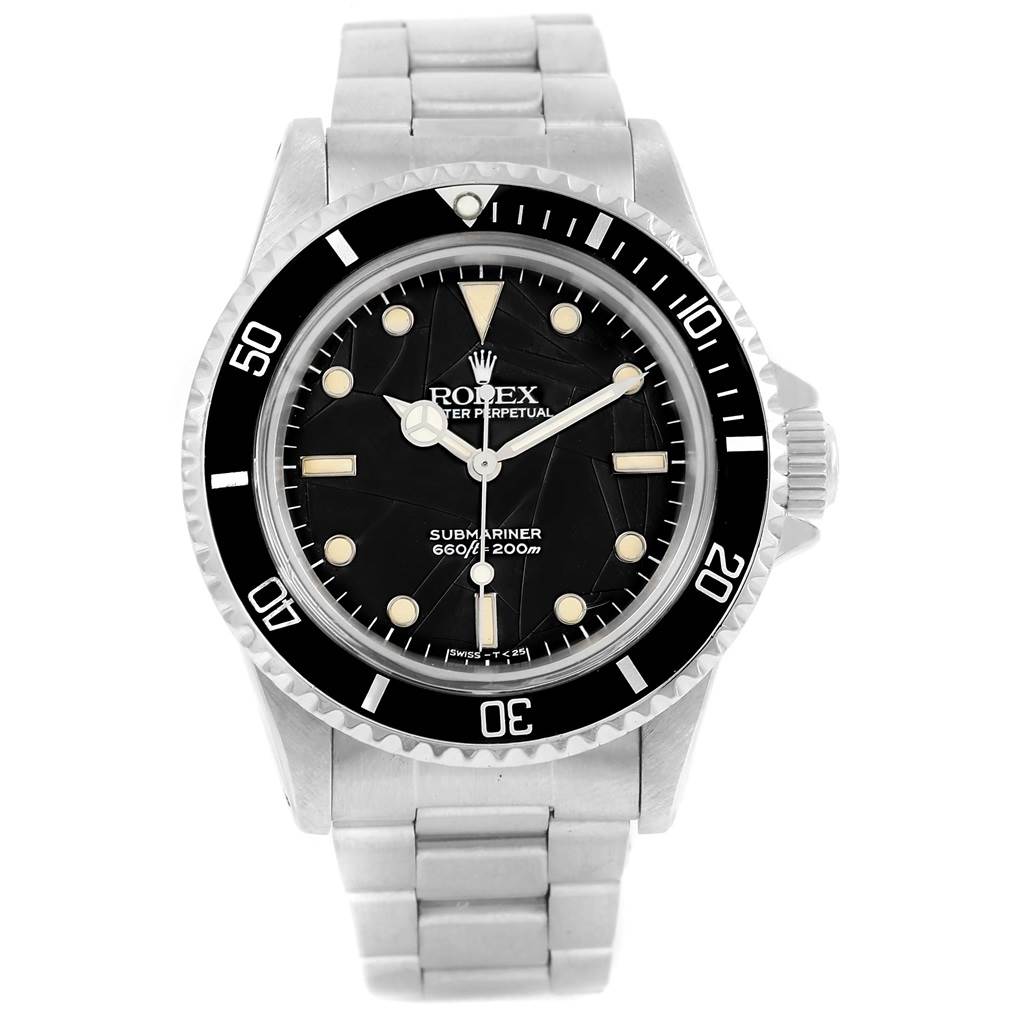 This image shows a front angle of a Vintage Collection Rolex Submariner watch, highlighting its bezel, dial, and bracelet.