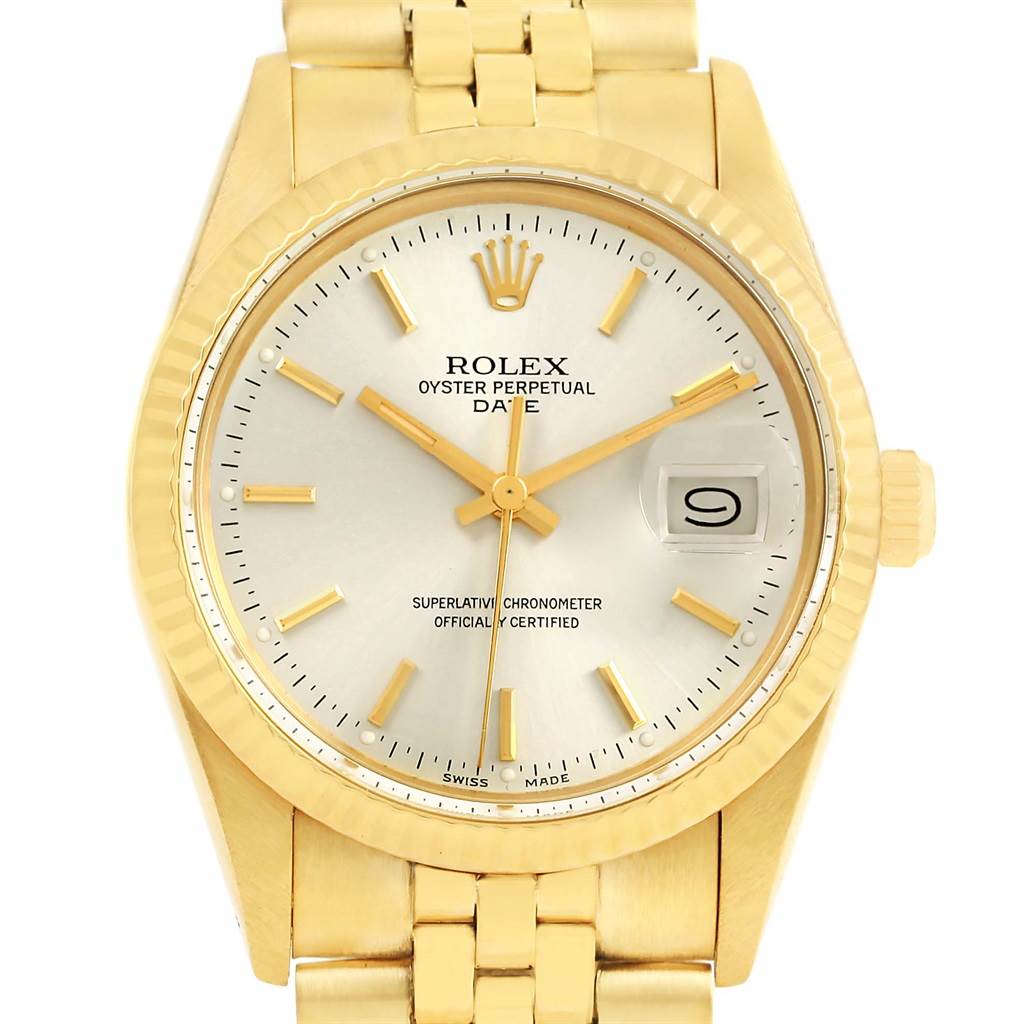The image shows the face, bezel, and a portion of the bracelet of the Rolex Vintage Collection 15037 Men's Yellow Gold Silver Dial 15037 Men's Yellow Gold Silver Dial model in gold.
