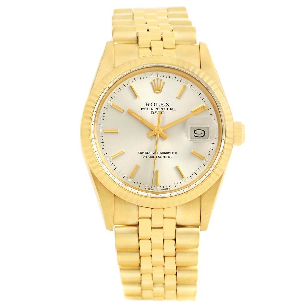 This image shows a frontal view of the Rolex Vintage Collection 15037 Men's Yellow Gold Silver Dial 15037 Men's Yellow Gold Silver Dial model, featuring its dial, bezel, crown, and bracelet.