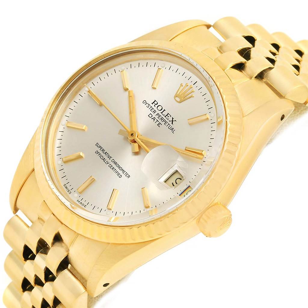 The image shows a Rolex Vintage Collection 15037 Men's Yellow Gold Silver Dial 15037 Men's Yellow Gold Silver Dial watch at an angle, highlighting the dial, date, and part of the bracelet.