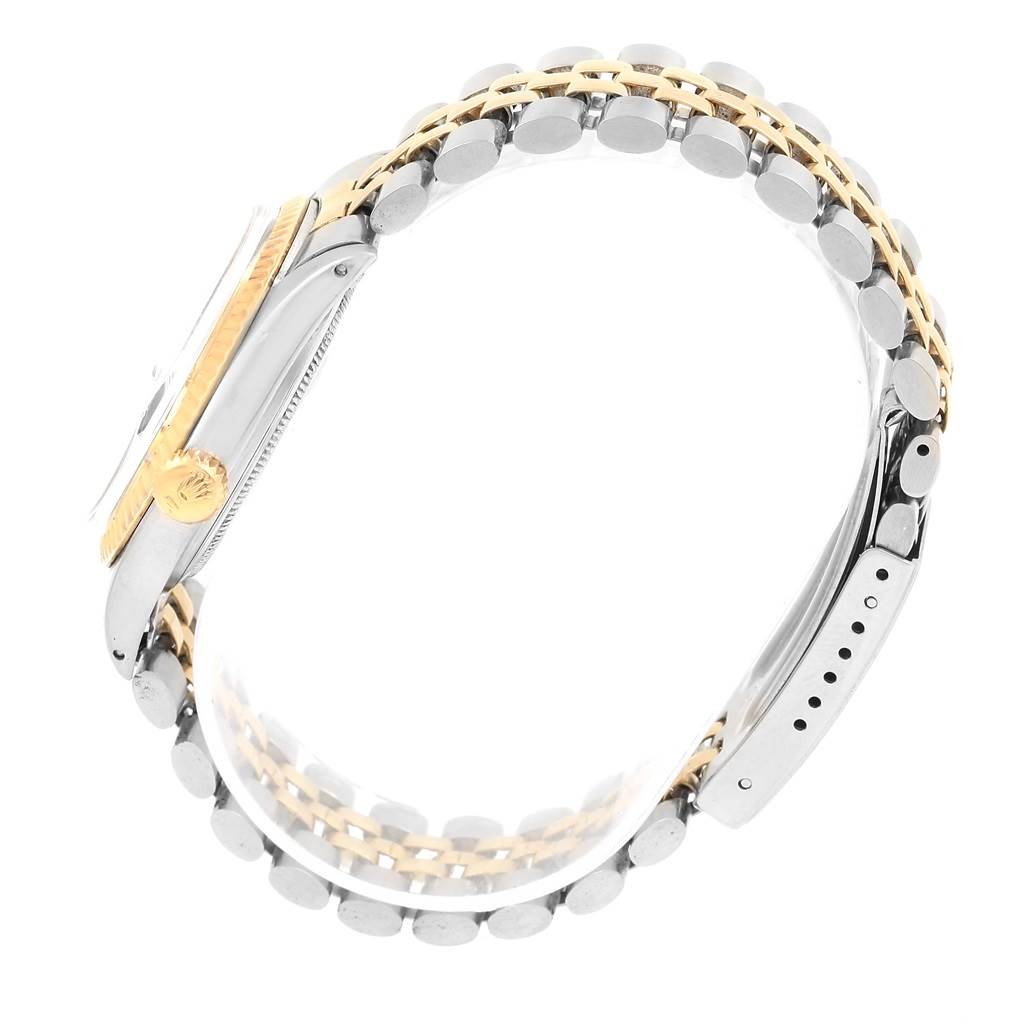 This side view shows the bracelet, the crown, and the case of the Rolex Vintage Collection 1601 Men's Steel and Gold (two tone) Grey Dial 1601 Men's Steel and Gold (two tone) Grey Dial model.