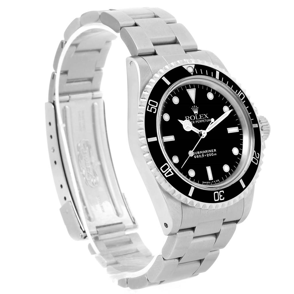 This Rolex Vintage Collection 5513 Men's Stainless Steel Black Dial 5513 Men's Stainless Steel Black Dial model watch is shown at a right-side angle, highlighting the face, bezel, and partially open bracelet.