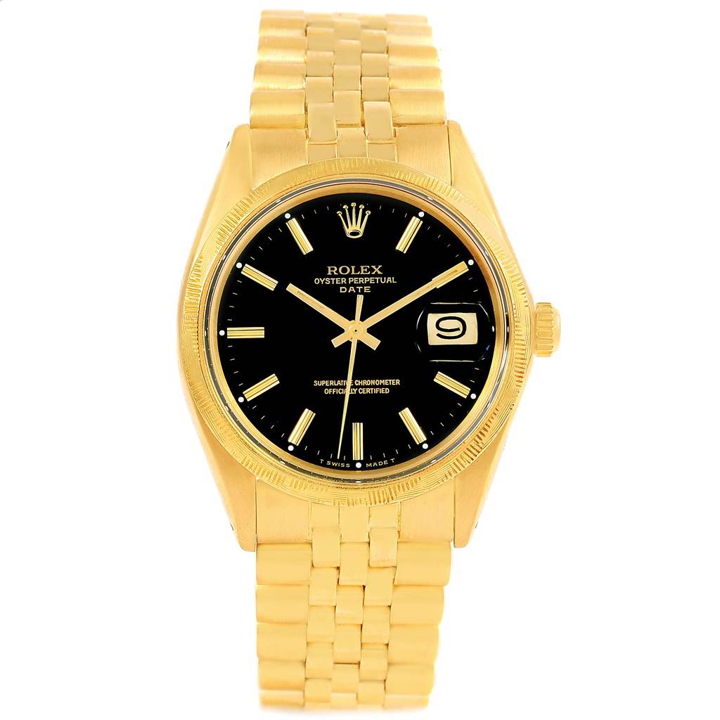 The image shows a front view of the Rolex Vintage Collection 1513 Men's Yellow Gold Black Dial 1513 Men's Yellow Gold Black Dial watch with a gold band and black dial.