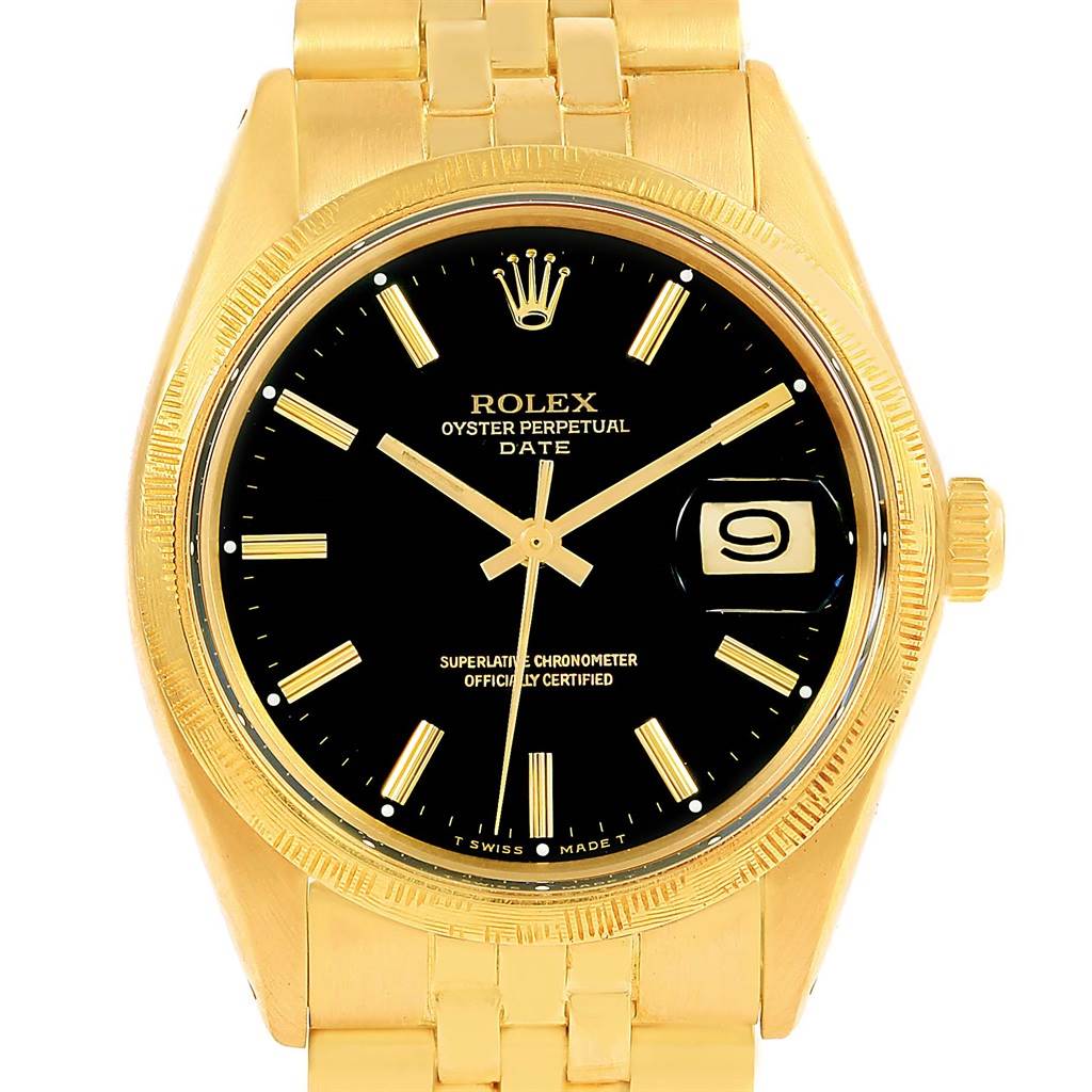 The image shows a frontal view of the Rolex Vintage Collection 1513 Men's Yellow Gold Black Dial 1513 Men's Yellow Gold Black Dial Oyster Perpetual Date watch, displaying the dial and part of the bracelet.