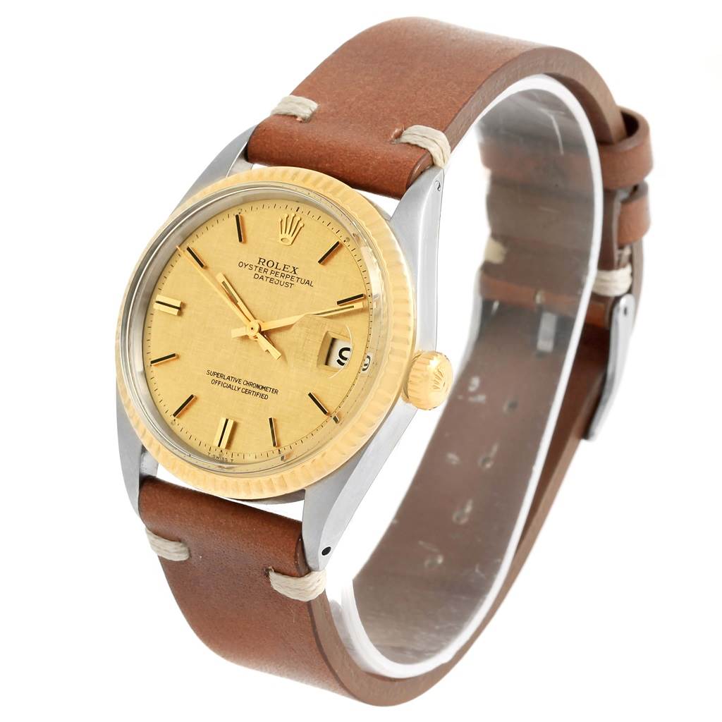 The image shows the front and side view of a Rolex Vintage Collection 1601 Men's Steel and Gold (two tone) Champagne Dial 1601 Men's Steel and Gold (two tone) Champagne Dial watch with a brown leather strap and golden dial.