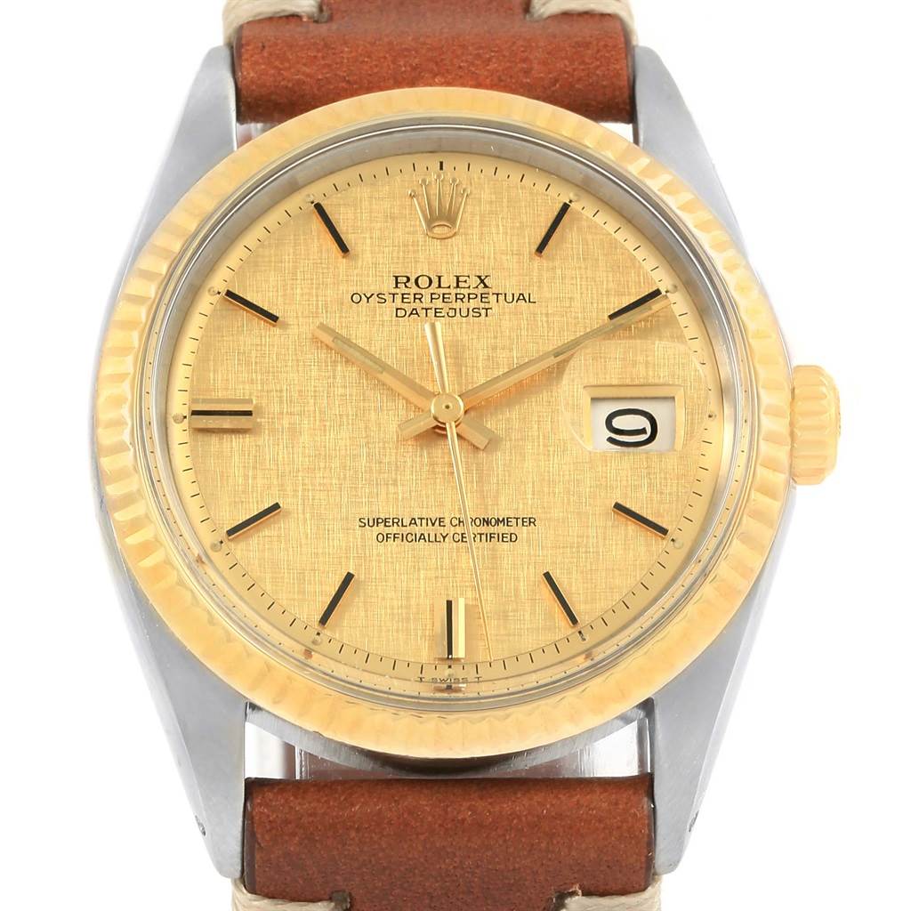 The image shows a Rolex Vintage Collection 1601 Men's Steel and Gold (two tone) Champagne Dial 1601 Men's Steel and Gold (two tone) Champagne Dial watch, Oyster Perpetual Datejust model, from a front angle displaying the dial and bezel.