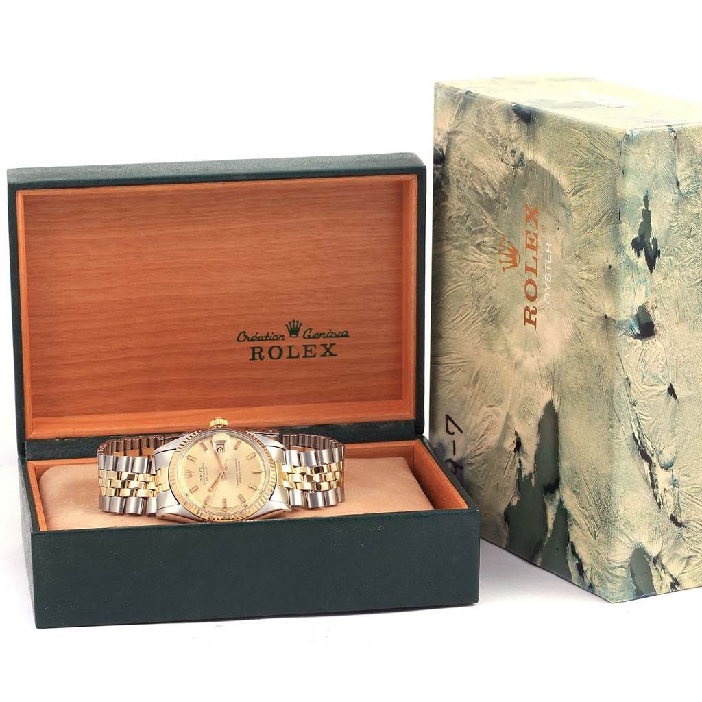 The image displays a Rolex Vintage Collection 1601 Men's Stainless Steel Champagne Dial 1601 Men's Stainless Steel Champagne Dial watch front view in its open box, with the outer box beside it.