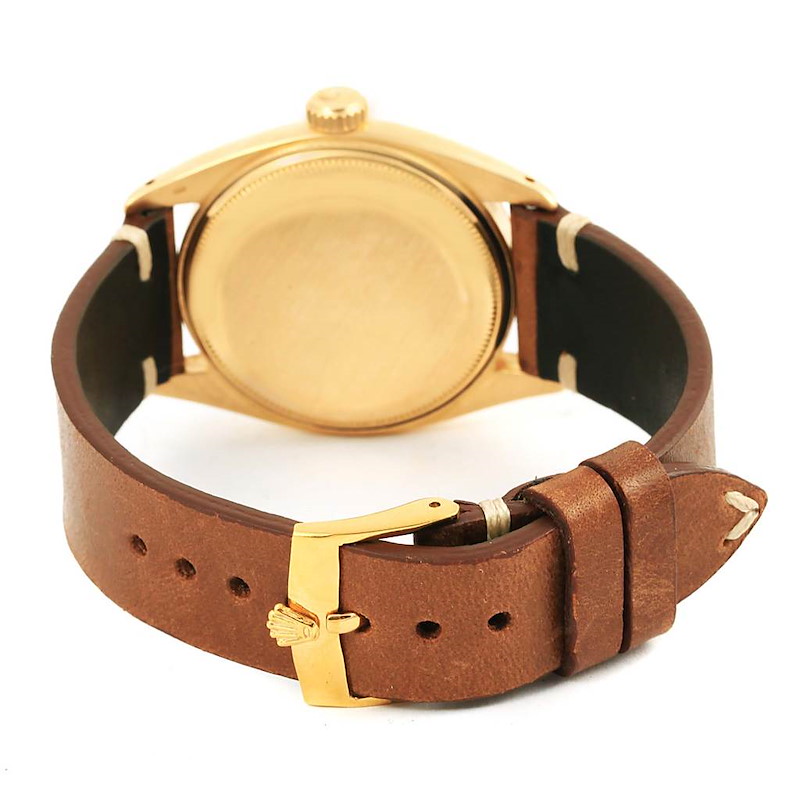 Rolex Date 18K Yellow Gold Brown Strap Vintage Mens Watch 6537 ...