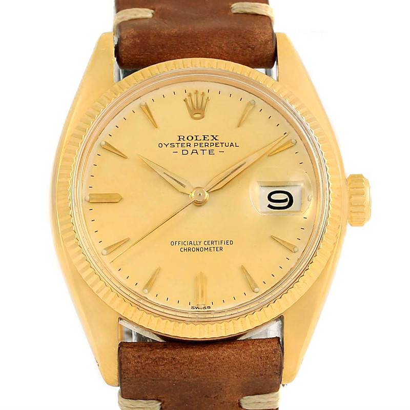 Rolex Date 18K Yellow Gold Brown Strap Vintage Mens Watch 6537 SwissWatchExpo