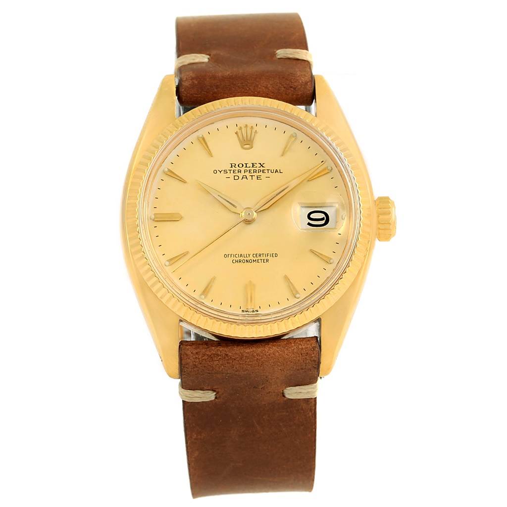 This image shows a front view of the Rolex Vintage Collection 6537 Men's Yellow Gold Champagne Dial 6537 Men's Yellow Gold Champagne Dial watch, featuring its dial, bezel, crown, and brown leather strap.