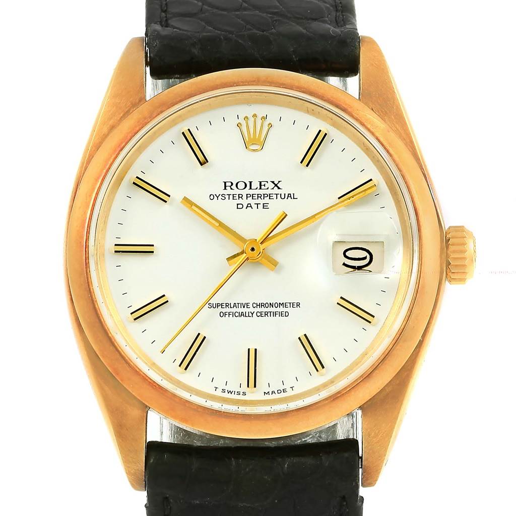 This is a front view of the Rolex Vintage Collection 1500 Men's Yellow Gold White Dial 1500 Men's Yellow Gold White Dial Oyster Perpetual Date watch, showing the dial, hands, date window, and crown.