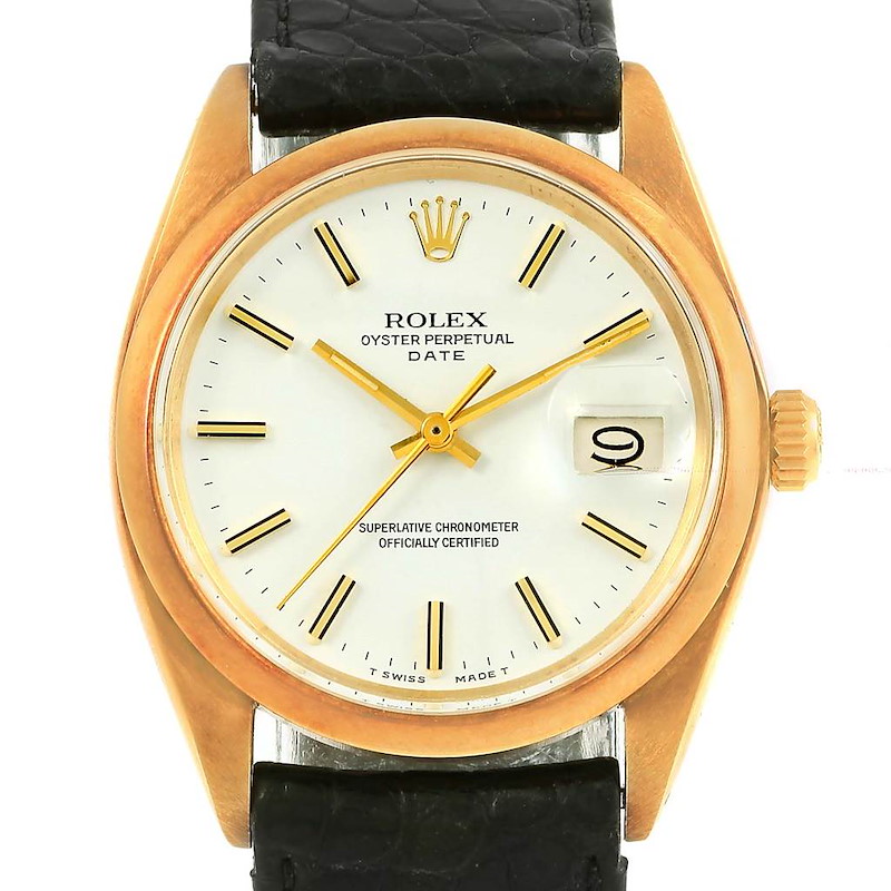 Rolex Date 14K Yellow Gold White Dial Vintage Mens Watch 1500 SwissWatchExpo