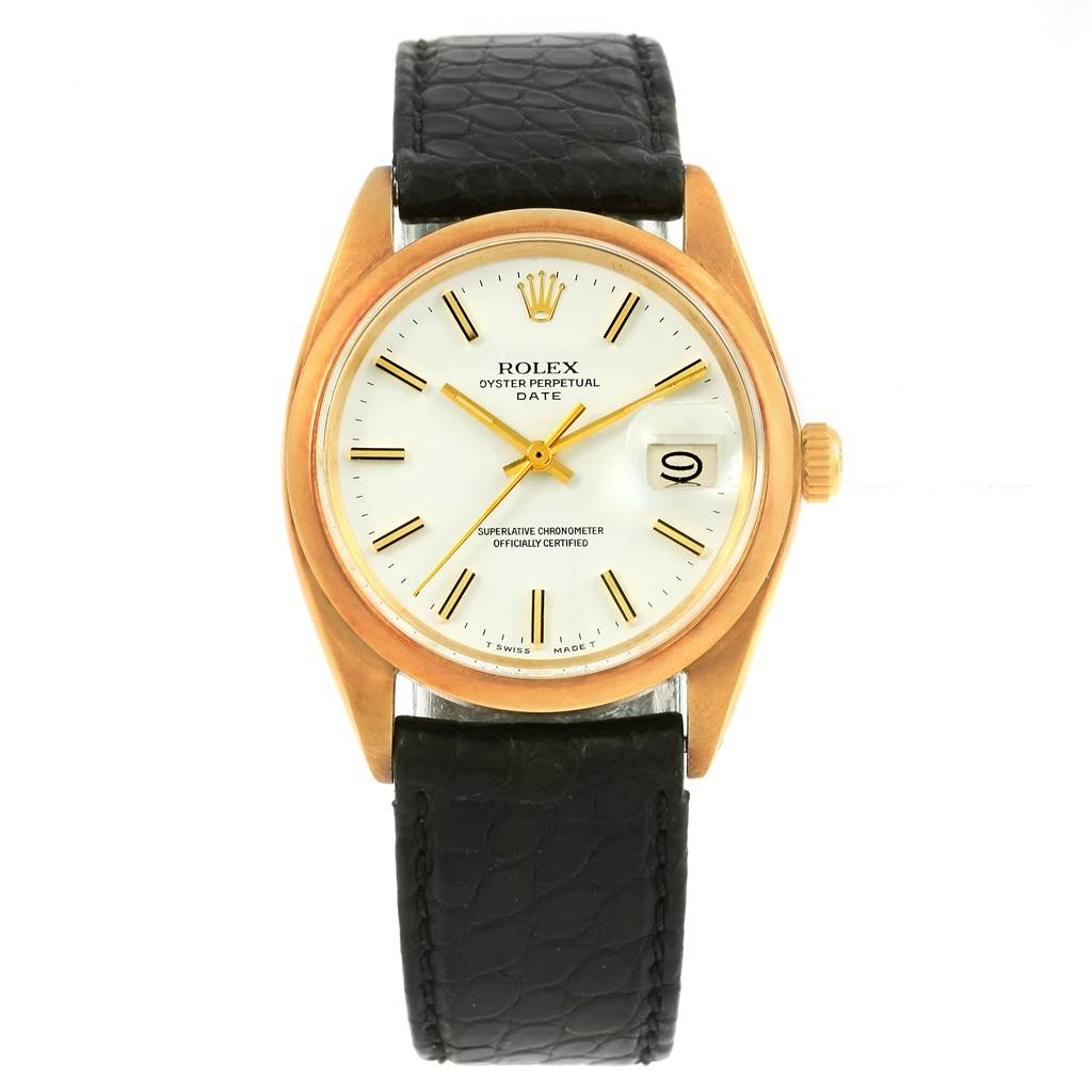 The Rolex Vintage Collection 1500 Men's Yellow Gold White Dial 1500 Men's Yellow Gold White Dial watch is shown from a front angle, displaying its face, hands, crown, and leather strap.