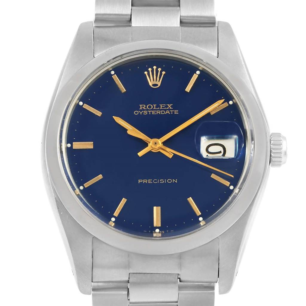 The image shows a front view of a Vintage Collection Rolex Oysterdate Precision watch with a blue dial and date display.