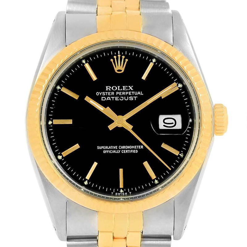 Rolex Datejust Vintage Black Dial Steel Yellow Gold Mens Watch 1603 SwissWatchExpo