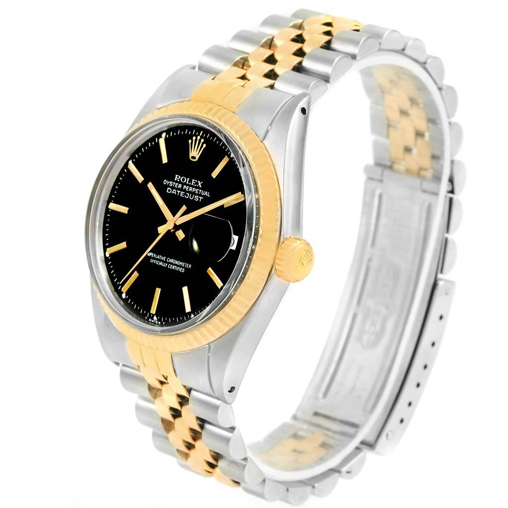 The Rolex Vintage Collection 1603 Men's Steel and Gold (two tone) Black Dial 1603 Men's Steel and Gold (two tone) Black Dial watch displays the face, bezel, crown, and bracelet angled slightly from the top-right.