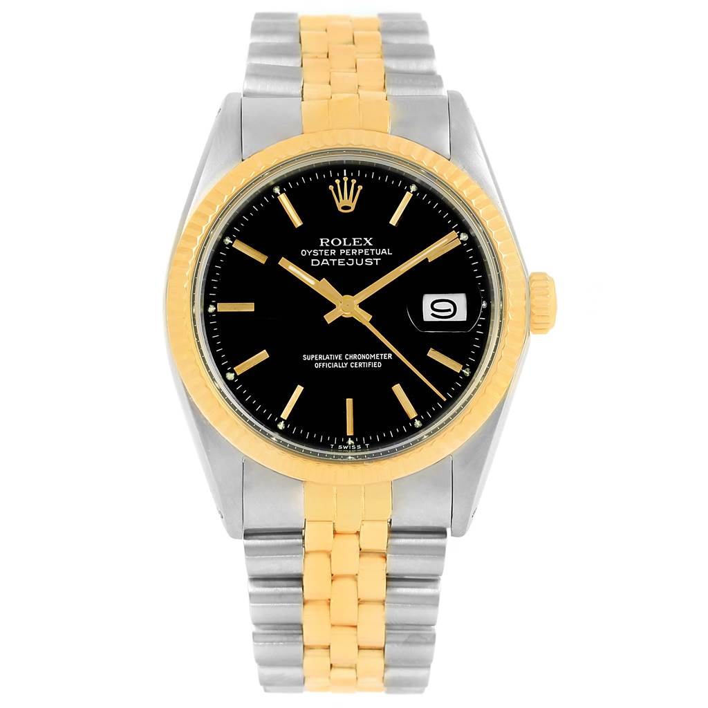 This image shows a Rolex Vintage Collection 1603 Men's Steel and Gold (two tone) Black Dial 1603 Men's Steel and Gold (two tone) Black Dial Oyster Perpetual Datejust watch head-on, featuring its black dial, gold bezel, and two-tone bracelet.