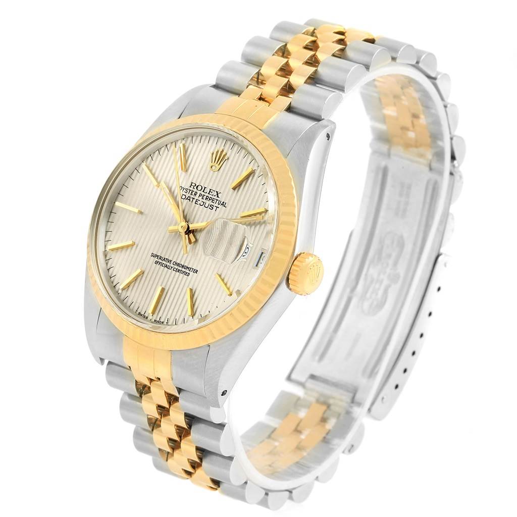The Rolex Vintage Collection 16013 Men's Stainless Steel Silver Dial 16013 Men's Stainless Steel Silver Dial watch is shown from a tilted angle, highlighting the dial, bezel, crown, and two-tone bracelet.