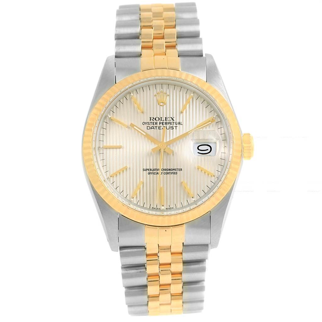 The Vintage Collection Rolex watch is shown from a front angle, highlighting its face, bezel, and two-tone metal bracelet.