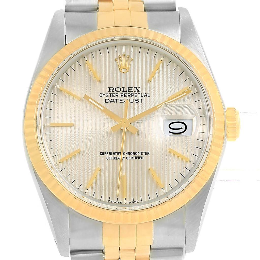 The image shows the front view of a Rolex Vintage Collection 16013 Men's Stainless Steel Silver Dial 16013 Men's Stainless Steel Silver Dial Oyster Perpetual Datejust watch, highlighting the face, bezel, hands, and bracelet.