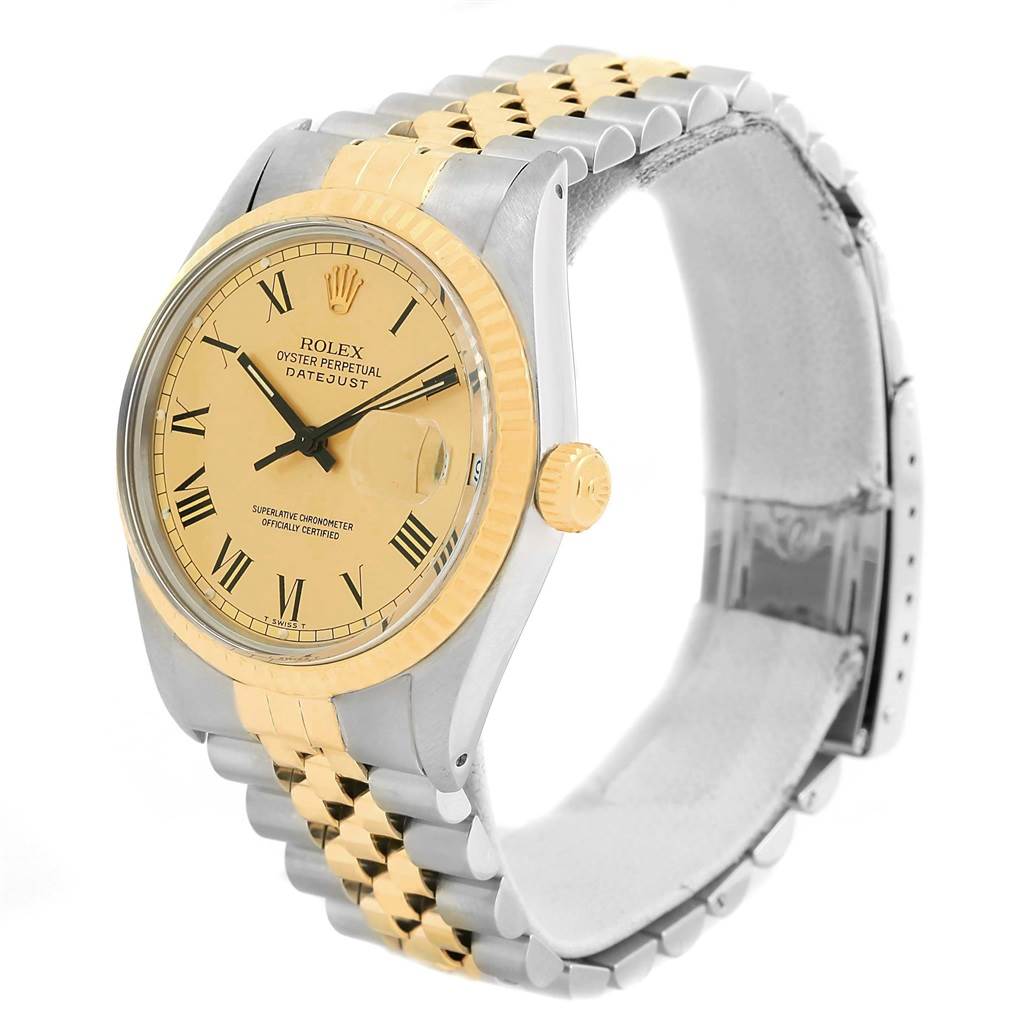 The image shows a front-left angle of the Rolex Vintage Collection 16013 Men's Stainless Steel Champagne Dial 16013 Men's Stainless Steel Champagne Dial Datejust, highlighting its two-tone bracelet and face details.